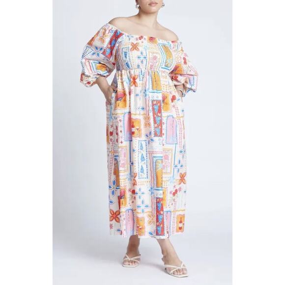 Eloquii Off Shoulder Maxi Dress Colorful Print Cotton Size 14 Boho Vacation - Picture 1 of 11